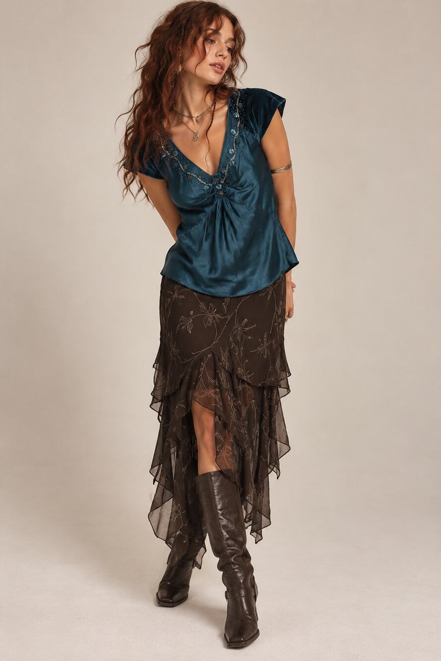 VTG Y2K Nine West Teal Silk Beaded Velvet Sleeve Top 12 Whimsigoth Fairy Witch